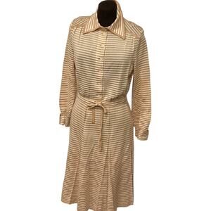 Goldworm 70s Tussah Silk Blend Beige Striped Long Sleeve Vintage Dress Size 16